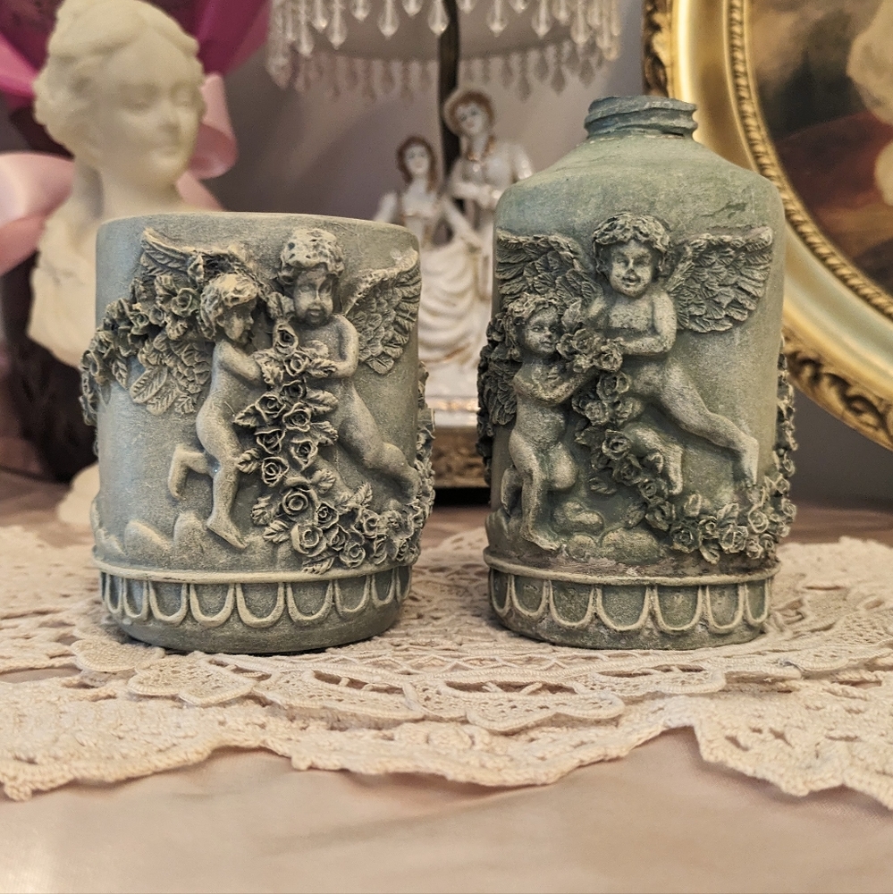 Vintage Cherub Flowers Pot & Vase Bundle